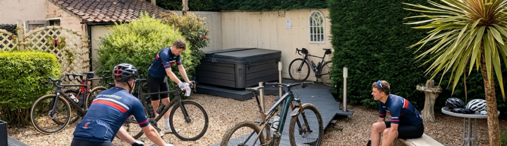 Our enclosed courtyard is perfect for equipment maintenance and a relaxing soak in the hot tub after running MTB trails.